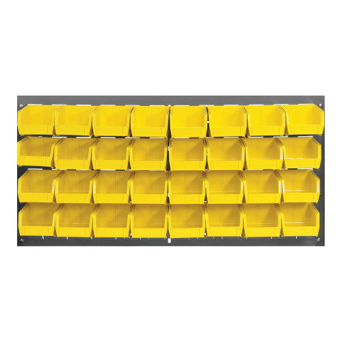 Quantum Storage Systems QLP-3619-210-32YL 36" x 19" Gray Steel Louvered Panel with (32) 5 3/8" x 4 1/8" x 3" Yellow Bins