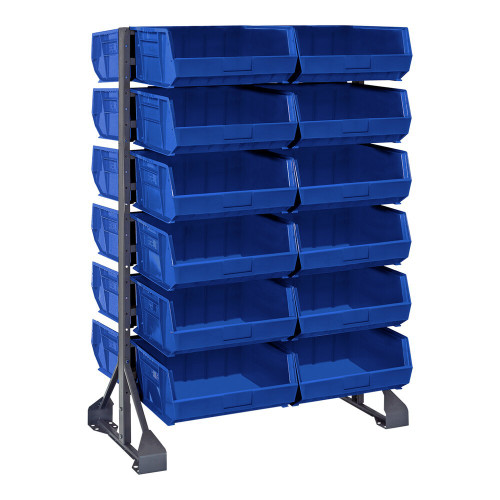 Quantum Storage Systems QRU-12D-250-24BL 36" x 20" x 53" Gray Steel Double-Sided Rail Rack with (48) 14 3/4" x 16 1/2" x 7" Blue Bins and (12) Rails