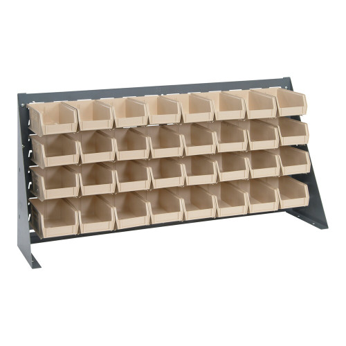 Quantum Storage Systems QBR-3619-220-32IV 36" x 8" x 19" Gray Steel Bench Rack with (32) 7 3/8" x 4 1/8" x 3" Ivory Bins
