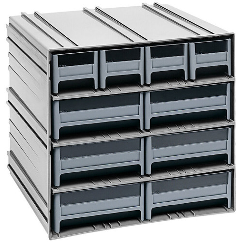 Quantum Storage Systems QIC-4163GY 11 3/8" x 11 3/4" x 11" Interlocking Storage Cabinets with 4 Gray Compact Drawers and 6 Large Drawers with Windows