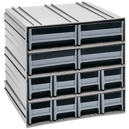 Quantum Storage Systems QIC-8143GY 11 3/8" x 11 3/4" x 11" Interlocking Storage Cabinets with 8 Gray Compact Drawers and 4 Large Drawers with Windows
