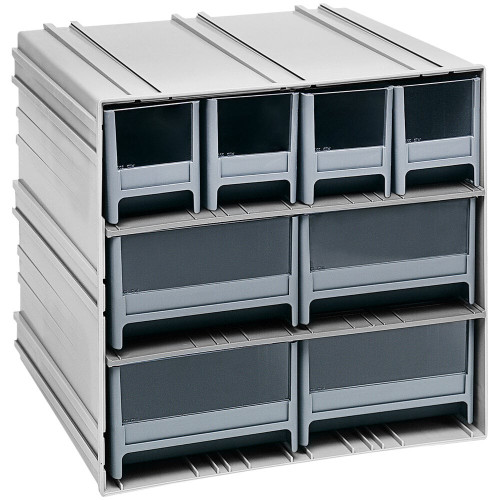 Quantum Storage Systems QIC-4244GY 11 3/8" x 11 3/4" x 11" Interlocking Storage Cabinets with 4 Gray Medium Drawers and 4 Large Drawers with Windows