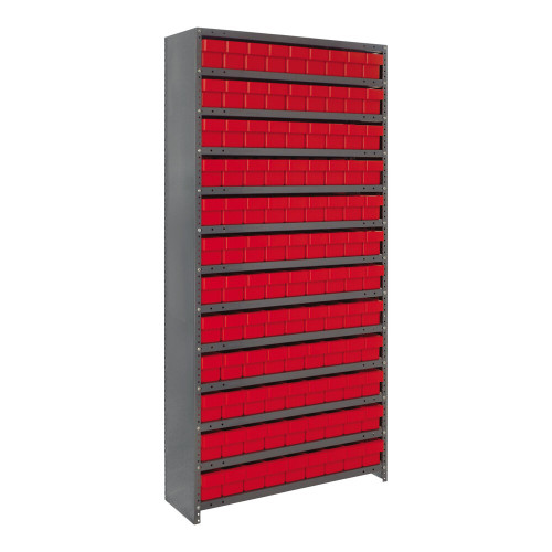 Quantum Storage Systems CL1275-501RD Super Tuff 36" x 12" x 75" Steel Closed 13-Shelf Euro Drawer Shelving System with (108) 11 5/8" x 3 3/4" x 4 5/8" Red Bins