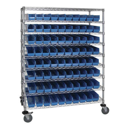 Quantum Storage Systems WRC9-63-2448-105BL 48" x 24" x 69" Carbon Steel Mobile Medical Cart with 9 Wire Shelves and (80) 23 5/8" x 4 1/8" x 4" Blue Bins