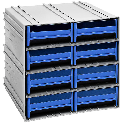 Quantum Storage Systems QIC-83BL 11 3/8" x 11 3/4" x 11" Interlocking Storage Cabinets with 8 Blue Large Drawers with Windows