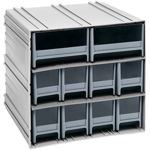 Quantum Storage Systems QIC-8224GY 11 3/8" x 11 3/4" x 11" Interlocking Storage Cabinets with 8 Gray Medium Drawers and 2 Large Drawers with Windows