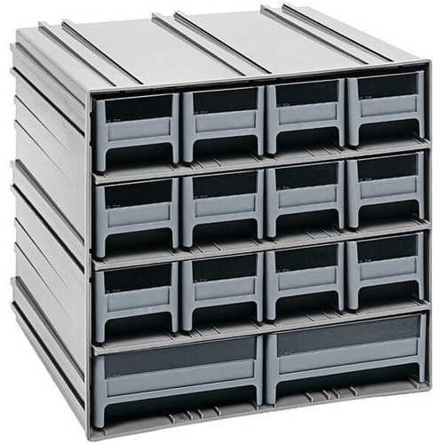 Quantum Storage Systems QIC-12123GY 11 3/8" x 11 3/4" x 11" Interlocking Storage Cabinets with 12 Gray Compact Drawers and 2 Large Drawers with Windows