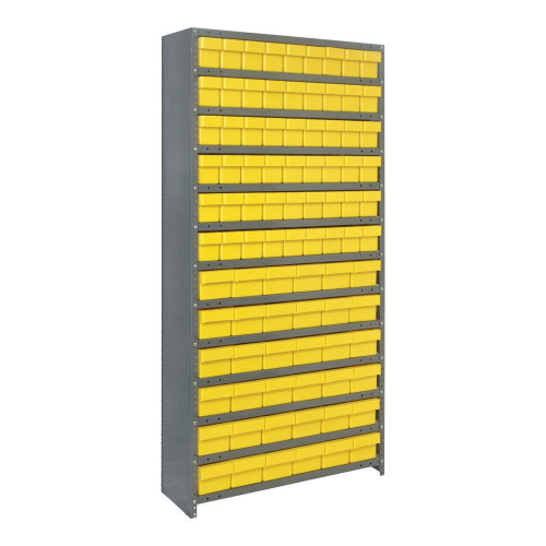 Quantum Storage Systems CL1875-624YL Super Tuff 36" x 18" x 75" Steel Closed 13-Shelf Euro Drawer Shelving System with (54) 17 7/8" x 3 3/4" and (36) 17 7/8" x 5 9/16" Yellow Bins