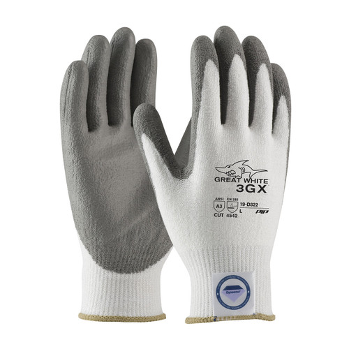 PIP 19-D322 Great White 3Gx Seamless Knit Dyneema Diamond Blended Glove With Polyurethane Coated Smooth Grip On Palm & Fingers, Cut Resistant Glove, A3