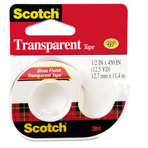 Scotch MMM144 Transparent Tape in Hand Dispenser, 1/2" x 450", 1" Core, Clear
