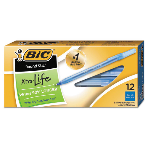 BIC BICGSM11BE Round Stic Xtra Life Stick Ballpoint Pen, 1mm, Blue Ink, Trans Blue Barrel, DZ