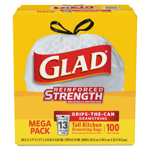Glad CLO78526 Tall Kitchen Drawstring Bags, 24 x 27 3/8, 13gal, .95mil, White, 100/Box