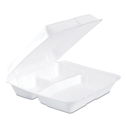 Dart DCC95HT3R Foam Container, Hinged Lid, 3-Comp, 9 1/2 x 9 1/4 x 3, 200/Case