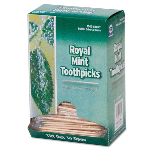Royal RPPRM115 Mint Cello-Wrapped Wood Toothpicks, 2 1/2", Natural, 1000/Box, 15 Boxes/Case