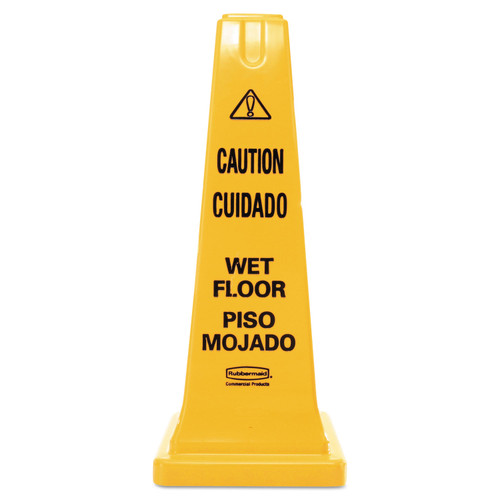 Rubbermaid Commercial RCP627777 Four-Sided Caution, Wet Floor Safety Cone, 10 1/2w x 10 1/2d x 25 5/8h, Yellow