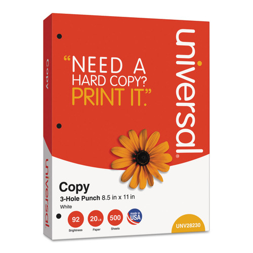 Universal UNV28230 Copy Paper, 92 Brightness, 20lb, 8-1/2 x 11, 3-Hole Punch, White, 5000 Shts/Ctn