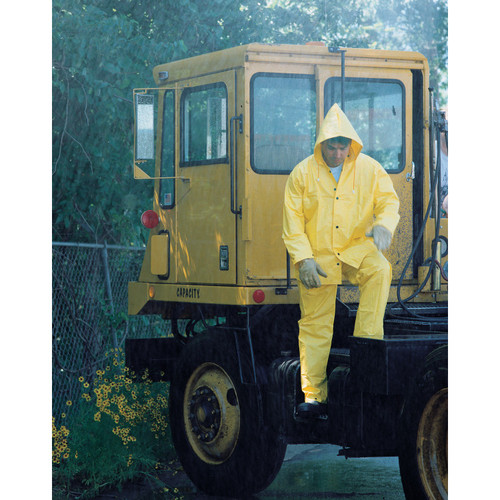 MCR Safety 3003S .28mm PVC/Nylon/PVC 3 pc suit, Detachable Hood, Snap Front Jacket & Bib Pant, Yellow