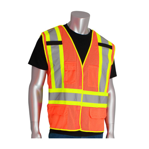 PIP 302-0212 ANSI Type R Class 2 Two-Tone Five Pocket Breakaway Mesh Vest Hi-Vis Orange
