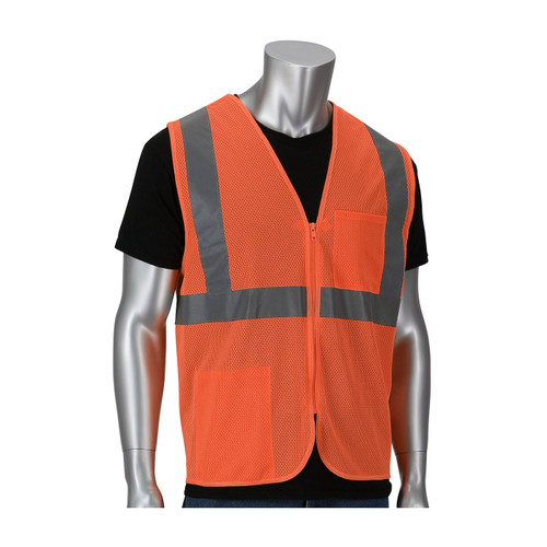 PIP 302-V200OR ANSI Type R Class 2 Two Pocket Value Zipper Mesh Vest Hi-Vis Orange