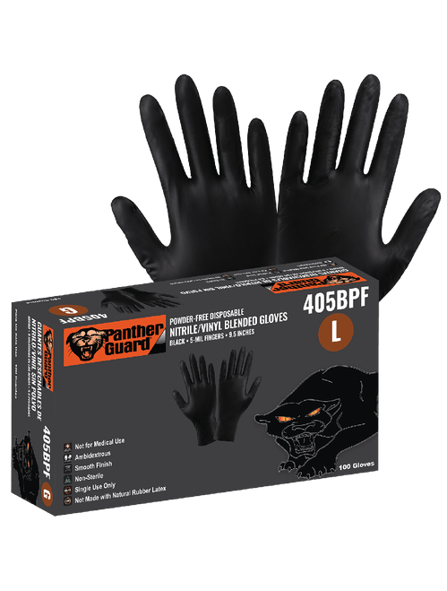 Global Glove 405BPF Panther-Guard Industrial-Grade, Powder-Free, Black Nitrile/Vinyl Blended, 5-Mil, Smooth Finish, 9.5-Inch Disposable Gloves