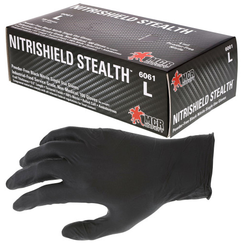 MCR Safety 6061 NitriShield Stealth, Black Nitrile, 4 mil, 9.5 inch, Powder Free Gloves