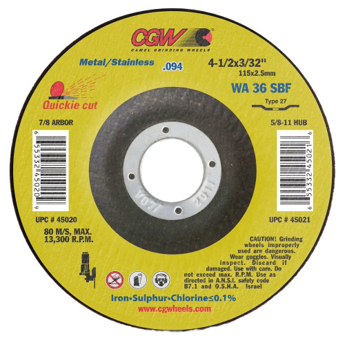 CGW 45024 6" X 3/32" X 7/8" Type 27 36-Grit White Aluminum Oxide Cutting & Notching Wheel