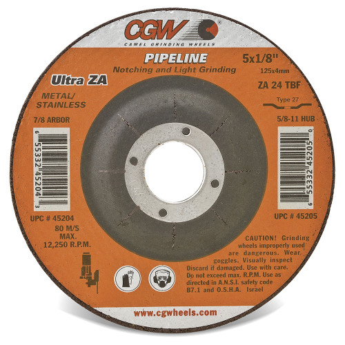 CGW 45205 5" X 1/8" X 5/8"-11 ZA24-T Type 27 24-Grit Zirconia Pipeline Wheel