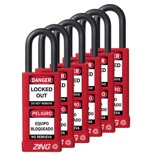 Zing Green 7087M RecycLock Safety Padlock, Keyed Alike,1-1/2" Shackle, 3" Long Body, 6 Pack, Available in Different Colors