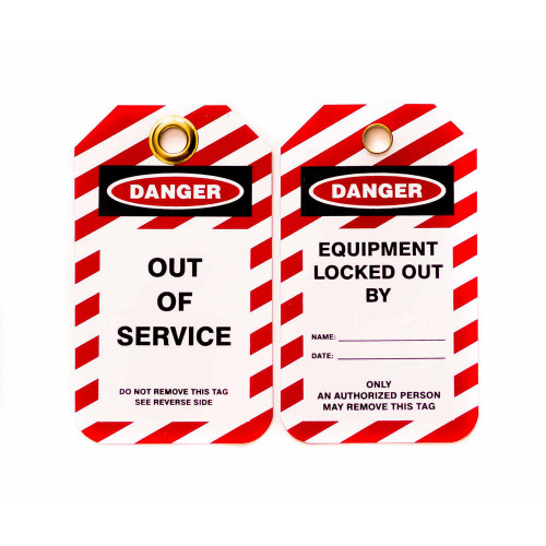 Zing Green 7344 Lockout Tags, Out of Service, Plastic w/Brass Grommet - Red-White Striped , 10/Pk