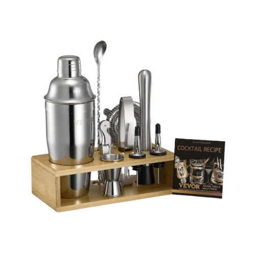 VEVOR - Cocktail Shaker Set,10-Piece Stainless Steel Bar Tools with Bamboo Stand,Martini Bartender Kit Accessories | Mixer Spoon - Silver