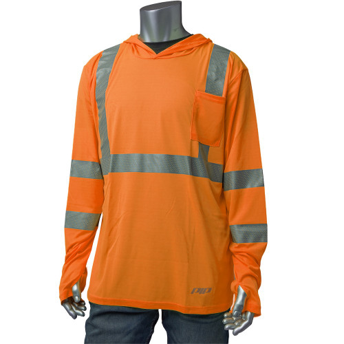 PIP 313-1323-OR/S ANSI Type R Class 3 Quick Dry Hooded Long Sleeve T-Shirt