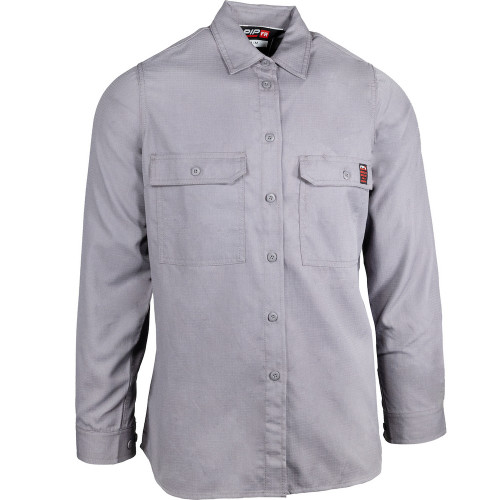 PIP 385-FRRSW-GR/S AR/FR Dual Certified Women's Ripstop Long Sleeve Workshirt- 9 cal/cm2