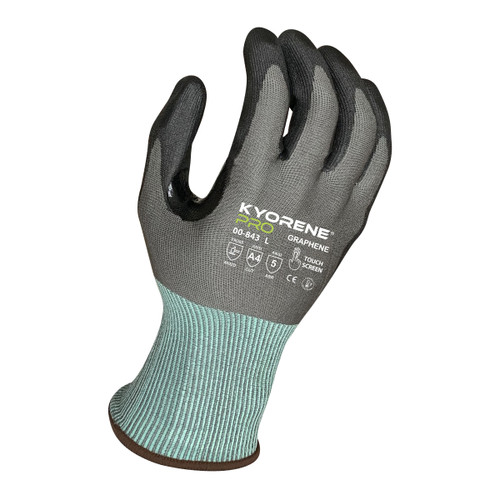 Armor Guys 00-843 18g Gray Kyorene Pro Liner With Black PU Palm Coating, Thumbcrotch Reinforcement, Touch Screen,ANSI A4