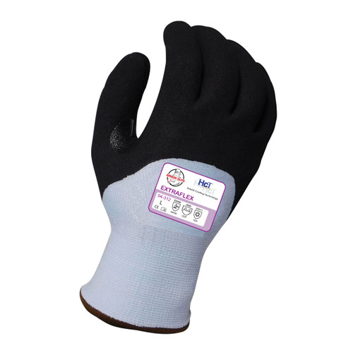 Armor Guys 04-312 13g ExtraFlex Cut Resistant Light Blue Engineered Liner With 7g Poly-Acrylic Lining, Black Nitrile Micro Foam HCT Palm Coating, Nitrile Reinforced Thumb Crotch And 3/4 Fingertip Coating, ANSI A4