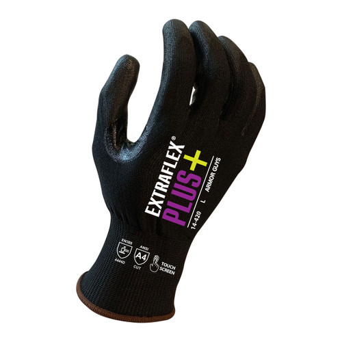 Armor Guys 14-420 18 Gauge, ExtraFlex Plus Black Engineered Liner With Black PU Palm Coating, Thumb Croth Reinforcement, Touch Screen, ANSI 4