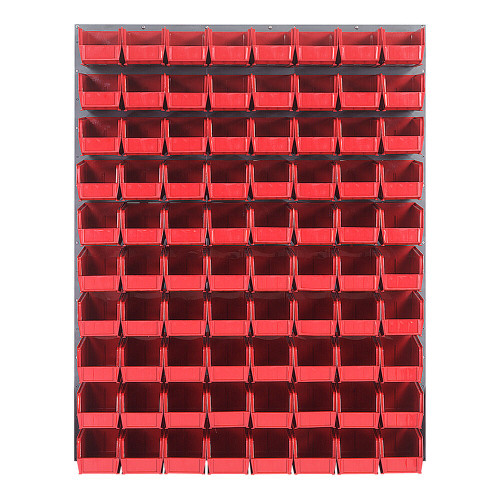 Quantum Storage Systems QLP-4861-230-80RD 48" x 61" Gray Steel Louvered Panel with (80) 10 7/8" x 5 1/2" x 5" Red Bins