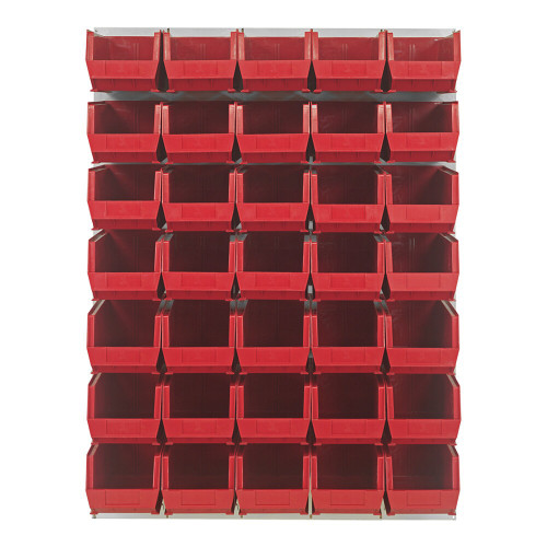 Quantum Storage Systems QLP-4861HC-240-35RD 48" x 61" Oyster White Steel Louvered Panel with (35) 14 3/4" x 8 1/4" x 7" Red Bins