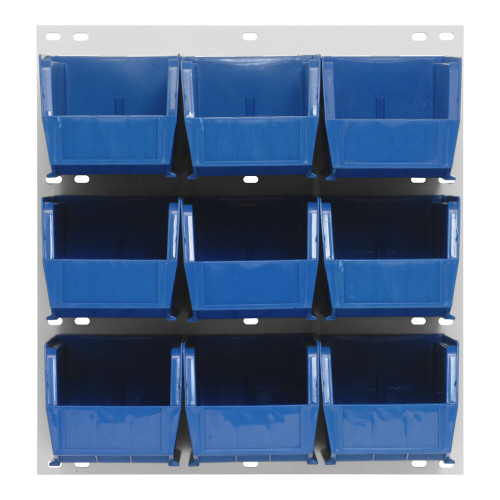 Quantum Storage Systems QLP-1819HC-230-9BL 18" x 19" Oyster White Steel Louvered Panel with (9) 10 7/8" x 5 1/2" x 5" Blue Bins