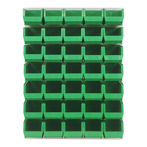 Quantum Storage Systems QLP-4861HC-240-35GN 48" x 61" Oyster White Steel Louvered Panel with (35) 14 3/4" x 8 1/4" x 7" Green Bins