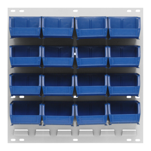 Quantum Storage Systems QLP-1819HC-220-16BL 18" x 19" Oyster White Steel Louvered Panel with (16) 7 3/8" x 4 1/8" x 3" Blue Bins