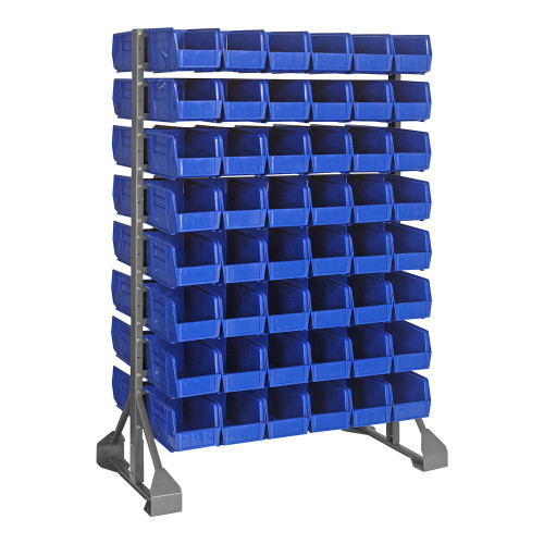 Quantum Storage Systems QRU-16D-230-96BL 36" x 20" x 53" Gray Steel Double-Sided Rail Rack with (96) 10 7/8" x 5 1/2" x 5" Blue Bins and (16) Rails