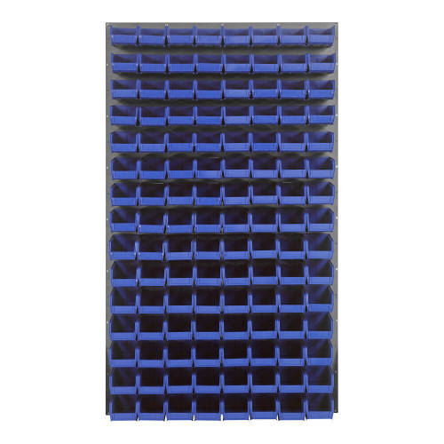 Quantum Storage Systems QLP-3661-220-120BL 36" x 61" Gray Steel Louvered Panel with (120) 7 3/8" x 4 1/8" x 3" Blue Bins