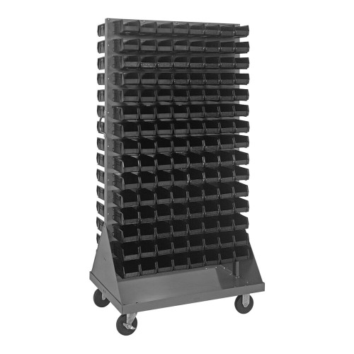Quantum Storage Systems QMD-36H-220BK 36" x 25" x 72" Gray Steel Mobile Double-Sided Louvered Rack with (240) 7 3/8" x 4 1/8" x 3" Black Bins
