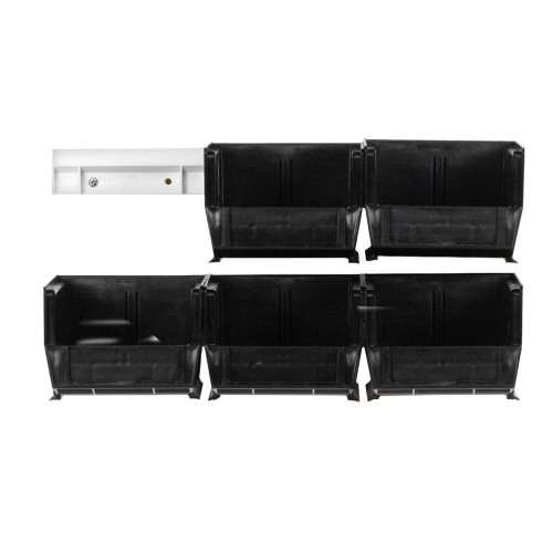 Quantum Storage Systems HNS210BK Hang-N-Stack 12" White Plastic Wall-Mount Storage Rails with (6) 5 3/8" x 4 1/8" x 3" Black Bins
