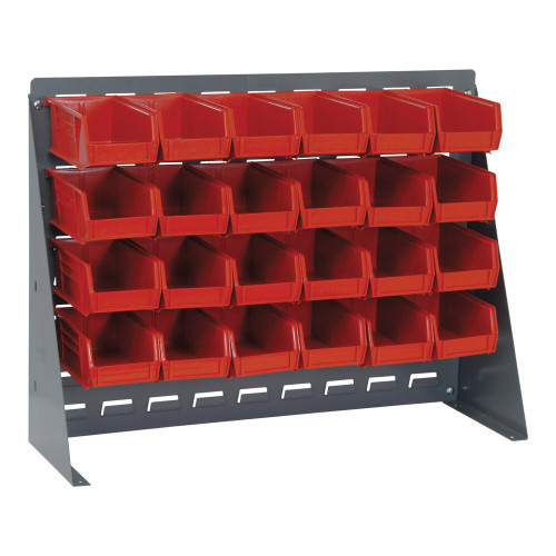 Quantum Storage Systems QBR-2721-210-24RD 27 3/4" x 8" x 21" Gray Steel Bench Rack with (24) 5 3/8" x 4 1/8" x 3" Red Bins