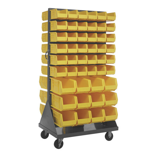 Quantum Storage Systems QMD-36H-230240YL 36" x 25" x 72" Gray Steel Mobile Double-Sided Louvered Rack with (72) 10 7/8" x 5 1/2" x 5" and (24) 14 3/4" x 8 1/4" x 7" Yellow Bins