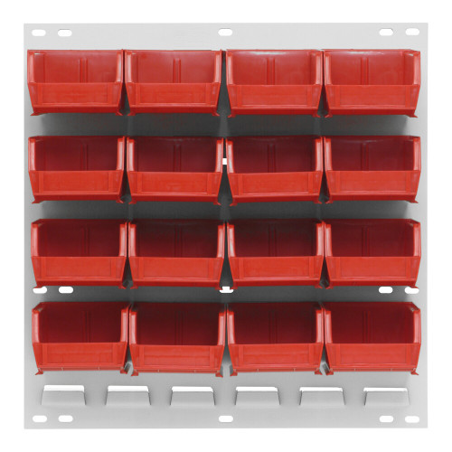 Quantum Storage Systems QLP-1819HC-210-16RD 18" x 19" Oyster White Steel Louvered Panel with (16) 5 3/8" x 4 1/8" x 3" Red Bins