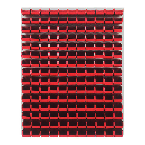 Quantum Storage Systems QLP-4861HC-220-165RD 48" x 61" Oyster White Steel Louvered Panel with (165) 7 3/8" x 4 1/8" x 3" Red Bins
