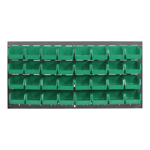Quantum Storage Systems QLP-3619-220-32GN 36" x 19" Gray Steel Louvered Panel with (32) 7 3/8" x 4 1/8" x 3" Green Bins