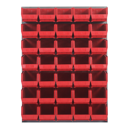 Quantum Storage Systems QLP-4861-240-35RD 48" x 61" Gray Steel Louvered Panel with (35) 14 3/4" x 8 1/4" x 7" Red Bins
